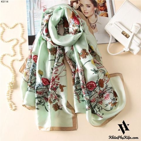 Khăn Choàng Cổ Lụa Họa Tiết Hoa Nền Màu Xanh Ngọc Bích Viền Nâu - Mã KS114