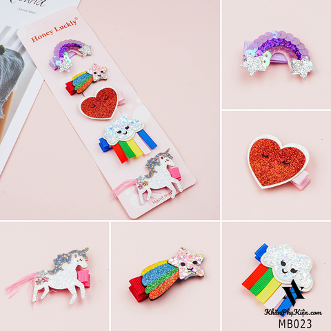 Set 5 Kẹp Tóc Cho Bé Hình Cầu Vòng và Ngựa Unicorn Lấp Lánh  - Mã MB023