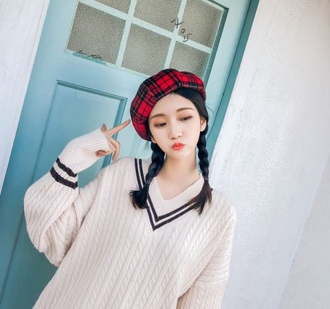 Mũ Nồi Nữ Màu Caro Đỏ Đen - Nón Beret - Mã NV204