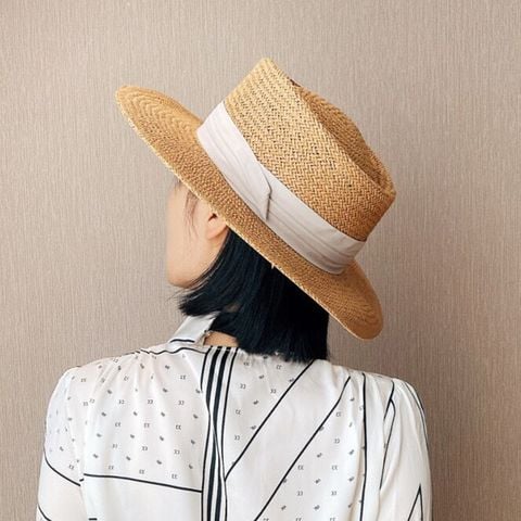 Mũ nón cói đi biển rộng vành tròn đẹp cho nữ PANAMA vintage sợi tự nhiên cao cấp dây trắng - NC462