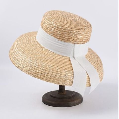 Mũ nón cói đi biển rộng vành tròn đẹp cho nữ vintage sợi tự nhiên cao cấp nơ trắng - NC449
