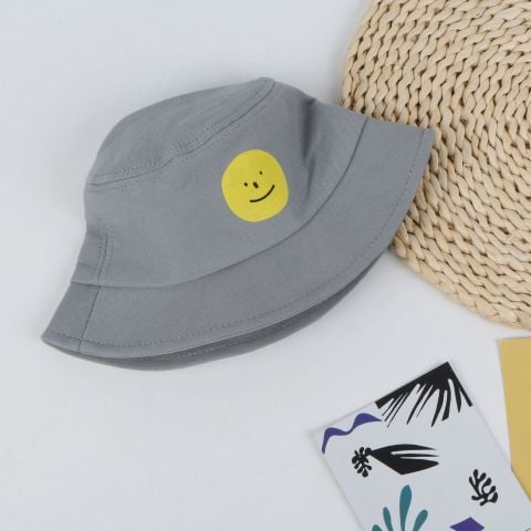 Mũ Nón Vải Bucket Cho Bé Gái - Mũ Trẻ Em Màu Xám Mặt Cười Vàng - Mã MB053