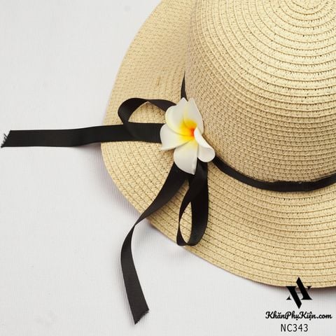 Nón Cói Form Cứng Vành Nhỏ Hoa Phối Nơ Đen Màu Be - Mã NC343