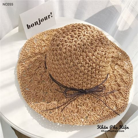 Quà tặng 20/10 cho sếp nữ, vợ, cô giáo, giáo viên nữ, mẹ và bạn gái, người yêu nữ quà tặng mũ nón cói đi biển rộng vành tròn đẹp cho nữ form mềm màu nâu sậm kèm nơ - NC055