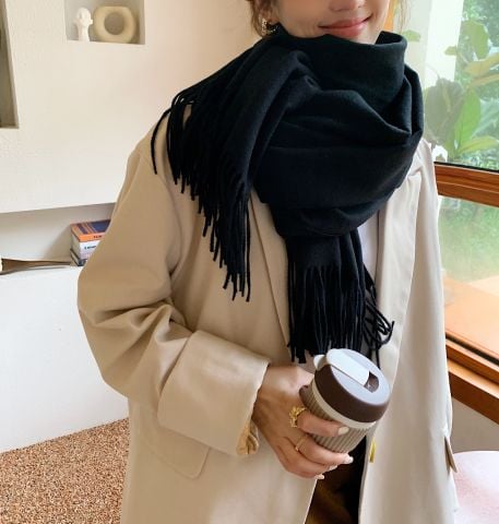 Quà 20/11 tặng cho cô giáo -  Khăn Choàng Cổ Len Dạ Màu Đen Trơn - Cashmere - 200x60cm - Mã KC074