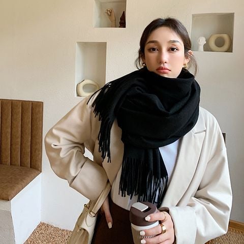 Quà 20/11 tặng cho cô giáo -  Khăn Choàng Cổ Len Dạ Màu Đen Trơn - Cashmere - 200x60cm - Mã KC074