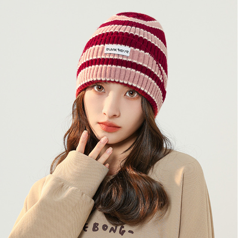 Mũ nón len beanie trùm đầu giữ ấm phong cách ulzzang đẹp thích hợp với thời tiết lạnh họa tiết sọc ngang màu đen đỏ LAGU Khăn Phụ Kiện - NL007