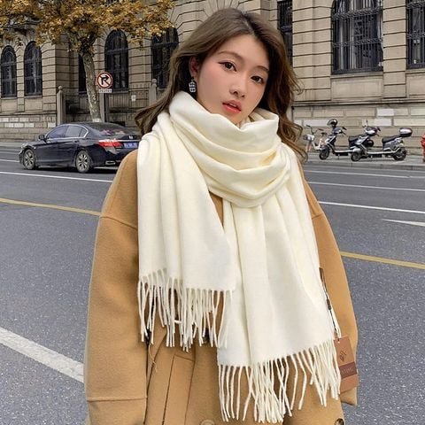 Khăn quàng choàng cổ len Cashmere giữ ấm màu trắng be sữa trơn cao cấp đẹp sang trọng - Mã KC325