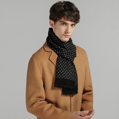 Khăn quàng choàng cổ nam Hàng Hiệu & Cao Cấp - Khăn len cashmere giữ ấm màu đen họa tiết màu ô vuông xám - KN023