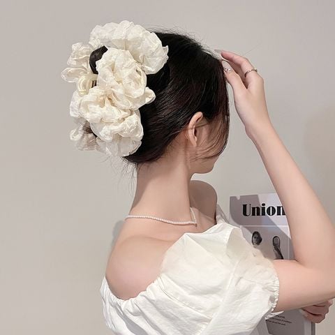 Kẹp tóc càng cua nơ to tiểu thư đính đá chấm bi kẹp búi tóc nơ lưới đám mây phồng bồng bềnh size lớn phong cách Hàn Quốc (Nơ Trắng Nhún)