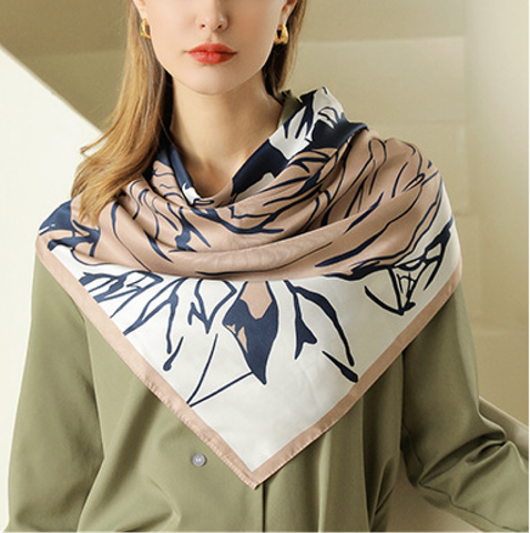 Quà tặng 20/10 cho sếp nữ, vợ, cô giáo, giáo viên nữ, mẹ và bạn gái, người yêu nữ quà tặng khăn quàng choàng cổ lụa vuông cao cấp cho nữ văn phòng sở đẹp họa tiết hoa hồng màu xanh đen viền nâu LAGU Khăn Phụ Kiện - K9042