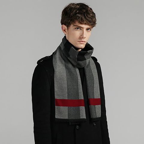 Quà tặng sinh nhật cho sếp nam - Khăn quàng choàng cổ nam Hàng Hiệu & Cao Cấp - Khăn len cashmere giữ ấm họa tiết màu Xám sọc đỏ - KN019