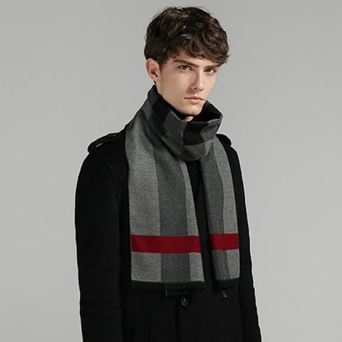 Quà tặng sếp nam lên chức - Khăn quàng choàng cổ nam Hàng Hiệu & Cao Cấp - Khăn len cashmere giữ ấm họa tiết màu Xám sọc đỏ - KN019