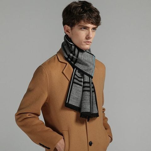 Quà tặng sinh nhật cho bạn trai, người yêu nam - Khăn quàng choàng cổ nam Hàng Hiệu & Cao Cấp - Khăn len cashmere giữ ấm họa tiết màu Xám sọc xanh - KN021