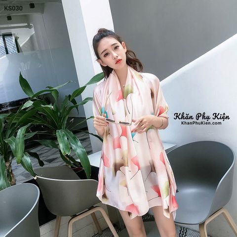 Khăn Choàng Cổ Lụa Lá Ngân Hạnh Màu Hồng Phấn - Silk - 180x90cm - Mã KS030