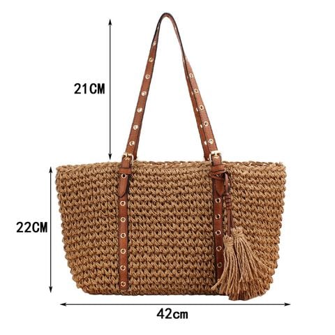Túi cói đi biển vintage thời trang nữ phong cách cầm tay Hàn Quốc đẹp cổ điển dây da màu nâu - TC065