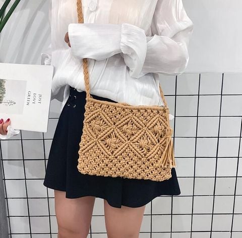Túi cói đi biển vintage thời trang nữ phong cách đeo chéo vai Hàn Quốc đẹp hình chữ nhật màu nâu - TC013