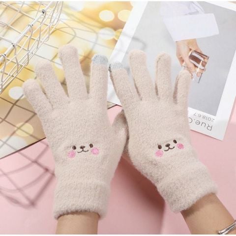 Găng tay nữ nam LÀ GU len hở ngón bao tay cảm ứng mùa đông len dệt kim dày dặn chống nắng co giãn tốt - GT002 Be