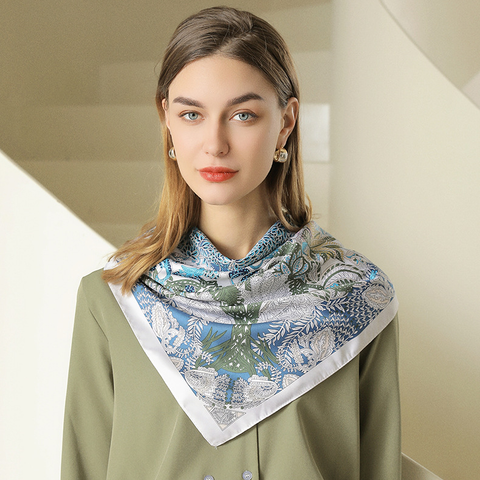 Quà tặng 20/10 cho sếp nữ, vợ, cô giáo, giáo viên nữ, mẹ và bạn gái, người yêu nữ quà tặng khăn quàng choàng cổ lụa vuông cao cấp cho nữ văn phòng sở họa tiết cây cỏ màu xanh lam LAGU Khăn Phụ Kiện- K9046