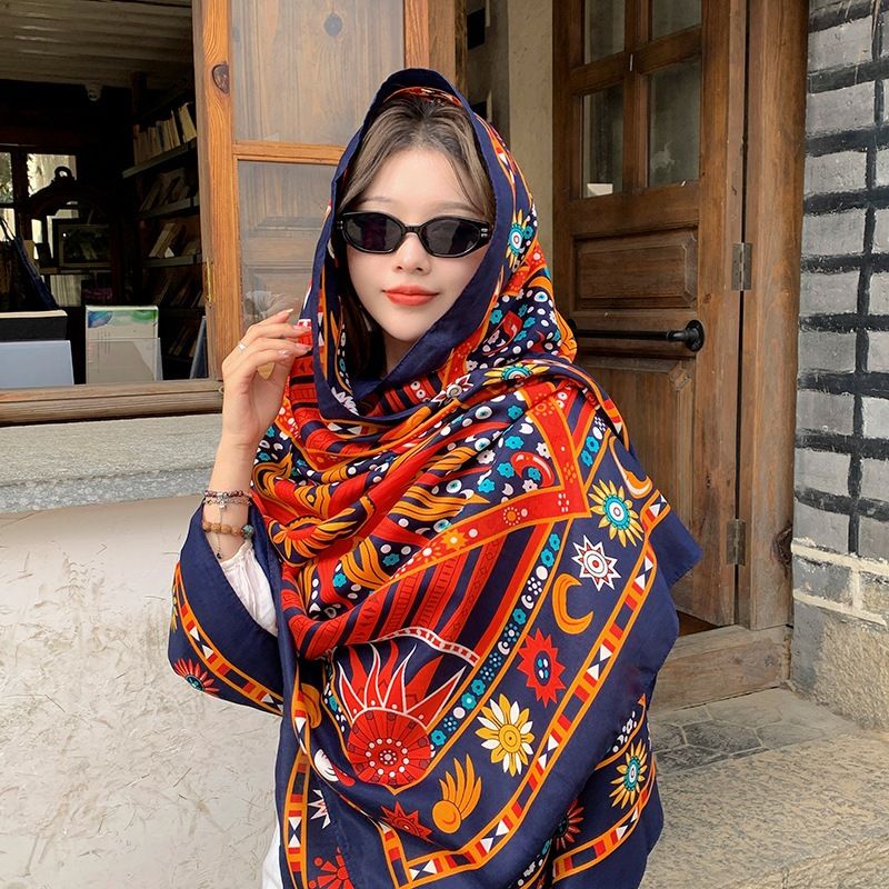 Khăn quàng choàng cổ nữ đi biển boho thổ cẩm đẹp cao cấp màu đỏ họa tiết -  Mã KC423