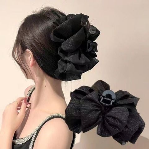 Kẹp tóc càng cua nơ to tiểu thư đính đá chấm bi kẹp búi tóc nơ lưới đám mây phồng bồng bềnh size lớn phong cách Hàn Quốc (Nơ đen trơn)