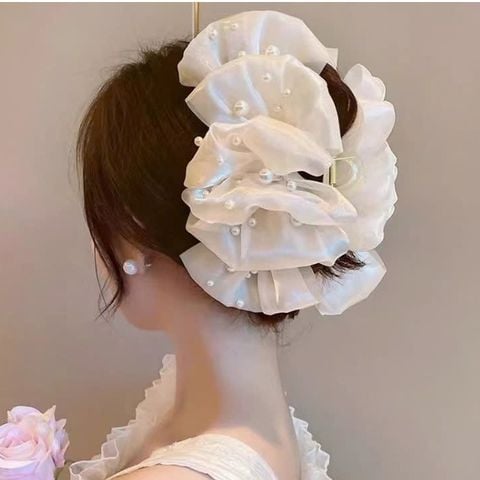 Kẹp tóc càng cua nơ to tiểu thư đính đá chấm bi kẹp búi tóc nơ lưới đám mây phồng bồng bềnh size lớn phong cách Hàn Quốc (Nơ trắng chấm ngọc)