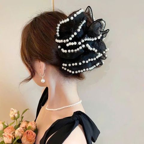 Kẹp tóc càng cua nơ to tiểu thư đính đá chấm bi kẹp búi tóc nơ lưới đám mây phồng bồng bềnh size lớn phong cách Hàn Quốc (Nơ đen viền ngọc)
