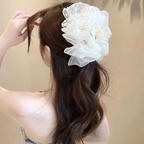 Kẹp tóc càng cua nơ to tiểu thư đính đá chấm bi kẹp búi tóc nơ lưới đám mây phồng bồng bềnh size lớn phong cách Hàn Quốc (Nơ trắng nhũ)