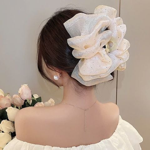 Kẹp tóc càng cua nơ to tiểu thư đính đá chấm bi kẹp búi tóc nơ lưới đám mây phồng bồng bềnh size lớn phong cách Hàn Quốc (Nơ trắng kim sa)