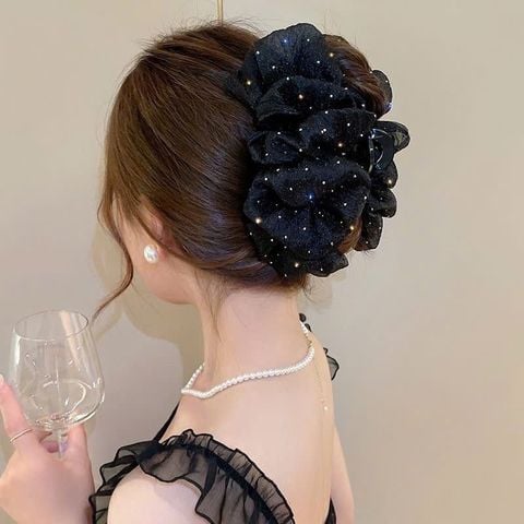 Kẹp tóc càng cua nơ to tiểu thư đính đá chấm bi kẹp búi tóc nơ lưới đám mây phồng bồng bềnh size lớn phong cách Hàn Quốc (Nơ đen kim sa)