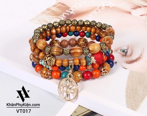 Set Vòng Đeo Tay Thổ Cẩm Bohemian (Boho) Nhiều Màu Phối Gỗ  - Mã VT017