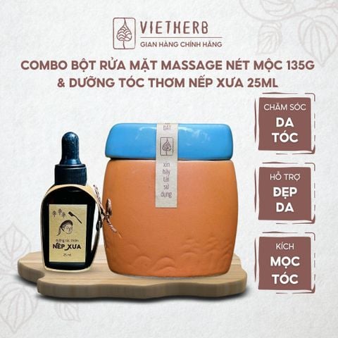  I CARE FOR YOU EVERY DAY - Bột Rửa mặt Massage Nét Mộc 135g & Dưỡng Tóc Thơm Nếp Xưa 25ml VIETHERB 