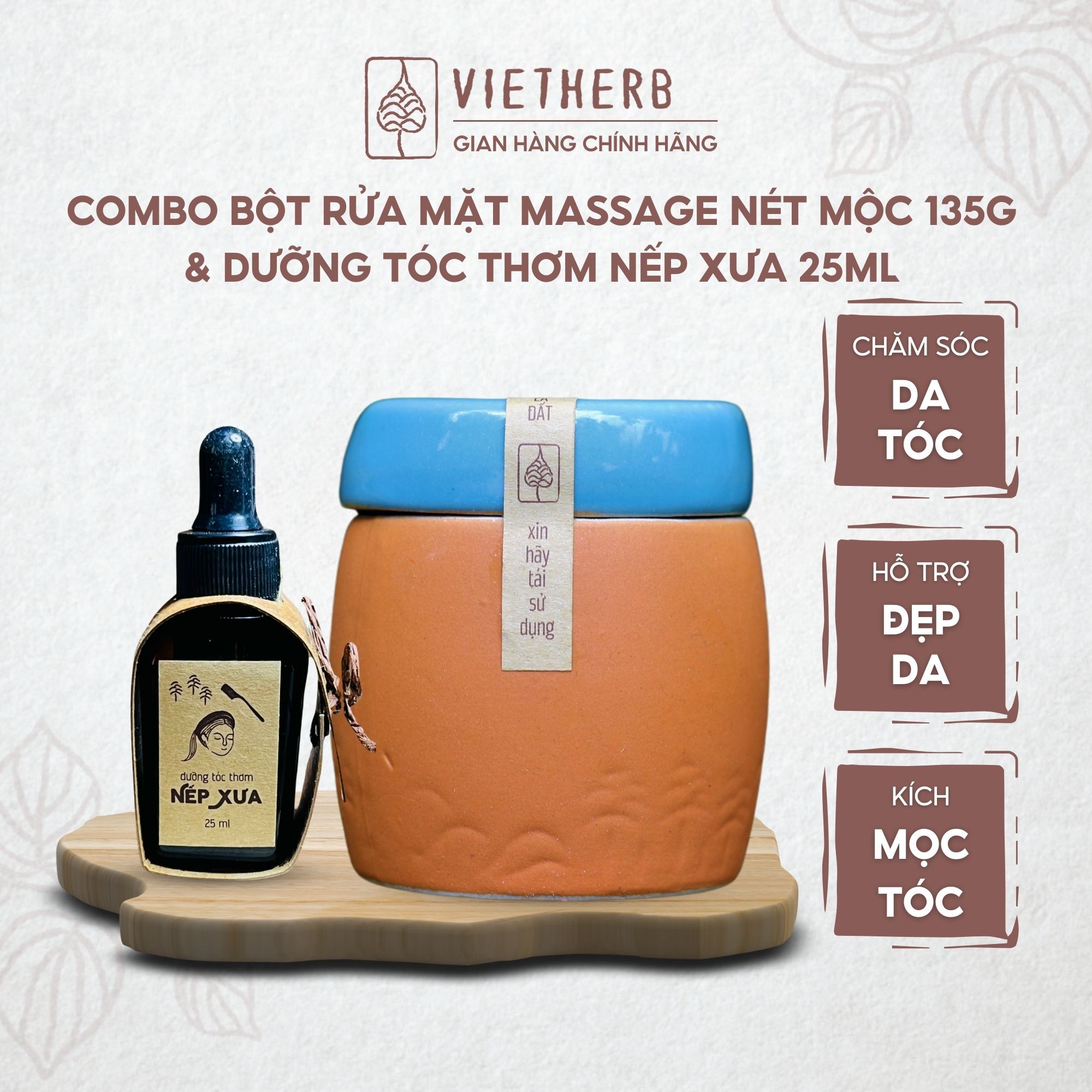 I CARE FOR YOU EVERY DAY - Bột Rửa mặt Massage Nét Mộc 135g & Dưỡng Tóc Thơm Nếp Xưa 25ml VIETHERB
