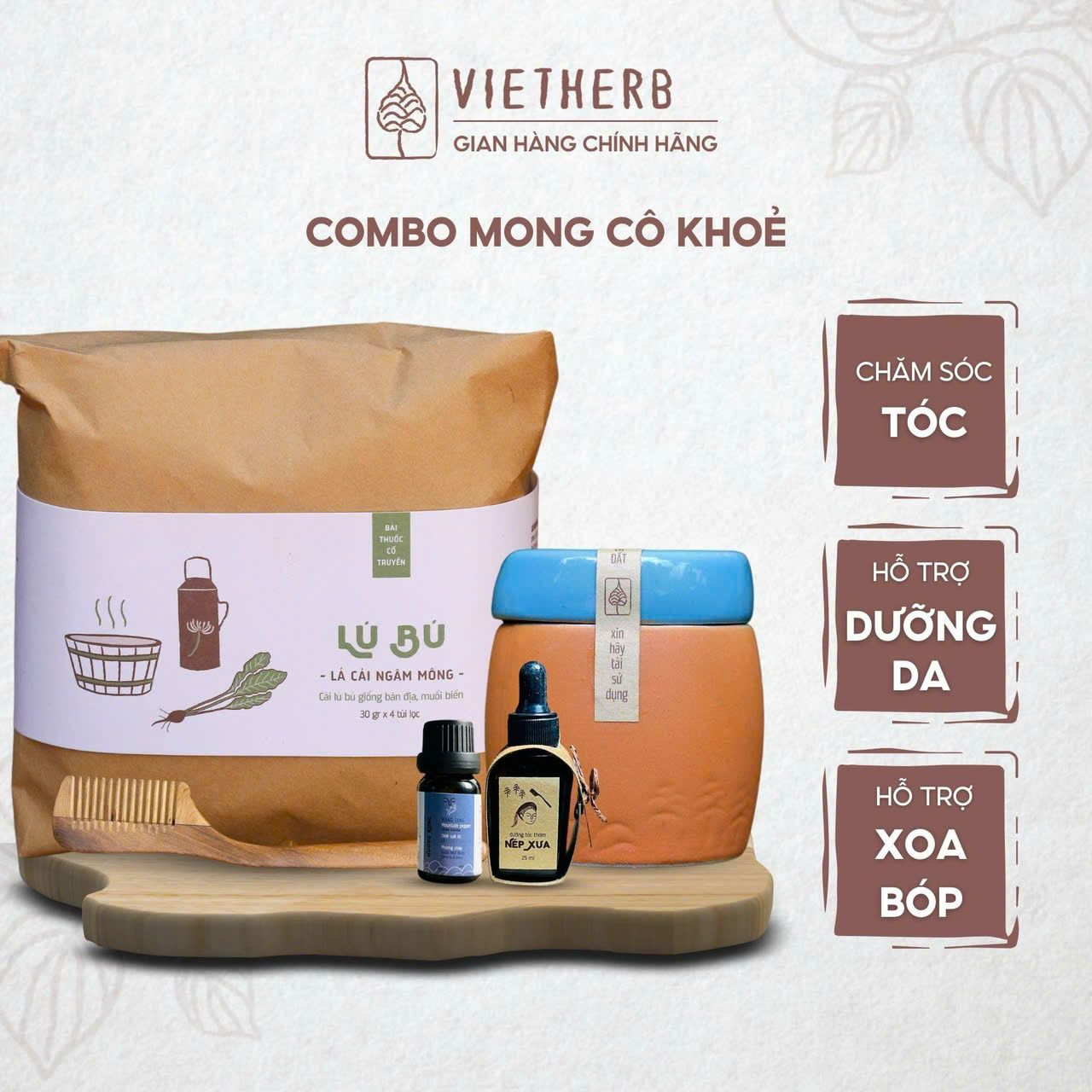 THONG THẢ THƯ THÁI - Bột rửa mặt & massage mặt Nét Mộc 135gr, Dưỡng tóc thơm Nếp Xưa, Lược gỗ, Lú bú, Tinh dầu màng tang lá