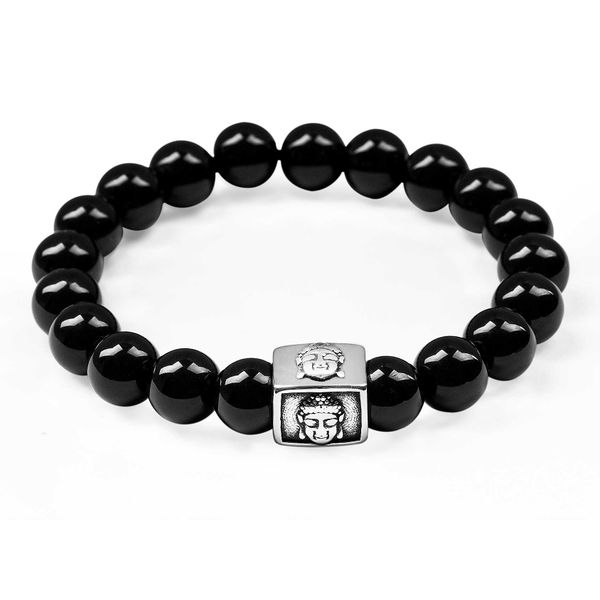 Vòng tay phong thủy charm Phật giáo đá mã não thép titan Vtpt007