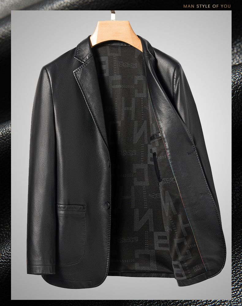 ￼Áo Khoác Da Cổ Vest Dáng Xuông Thời Trang Xuân Thu Cho Nam Giới Trung Niên AKN85