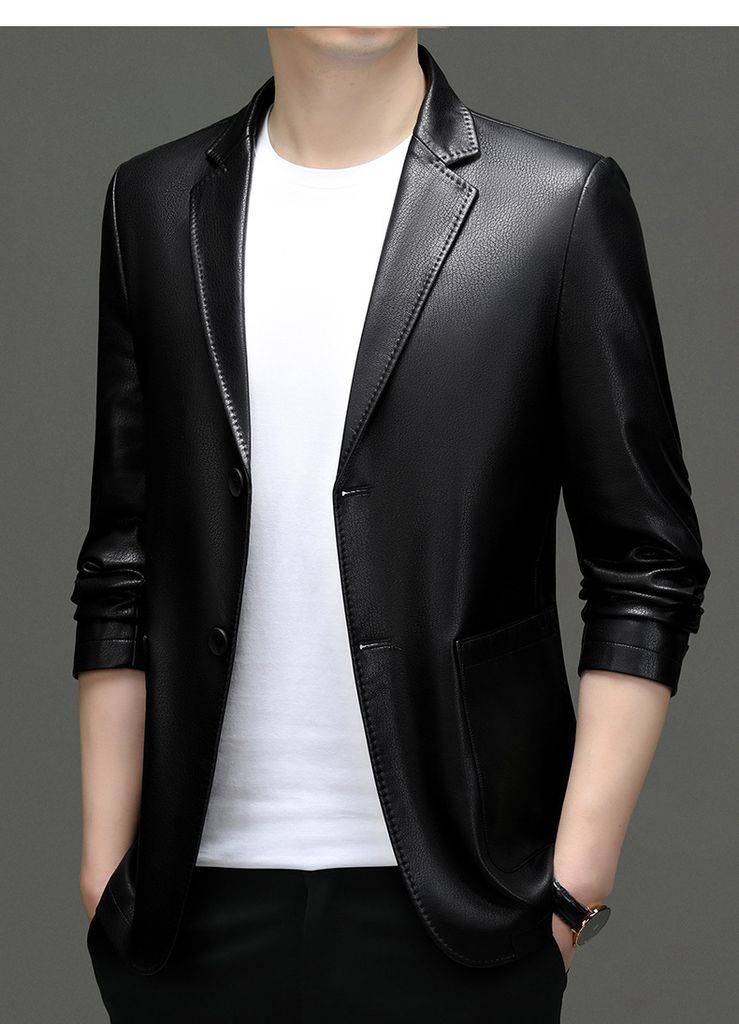 ￼Áo Khoác Da Cổ Vest Dáng Xuông Thời Trang Xuân Thu Cho Nam Giới Trung Niên AKN85