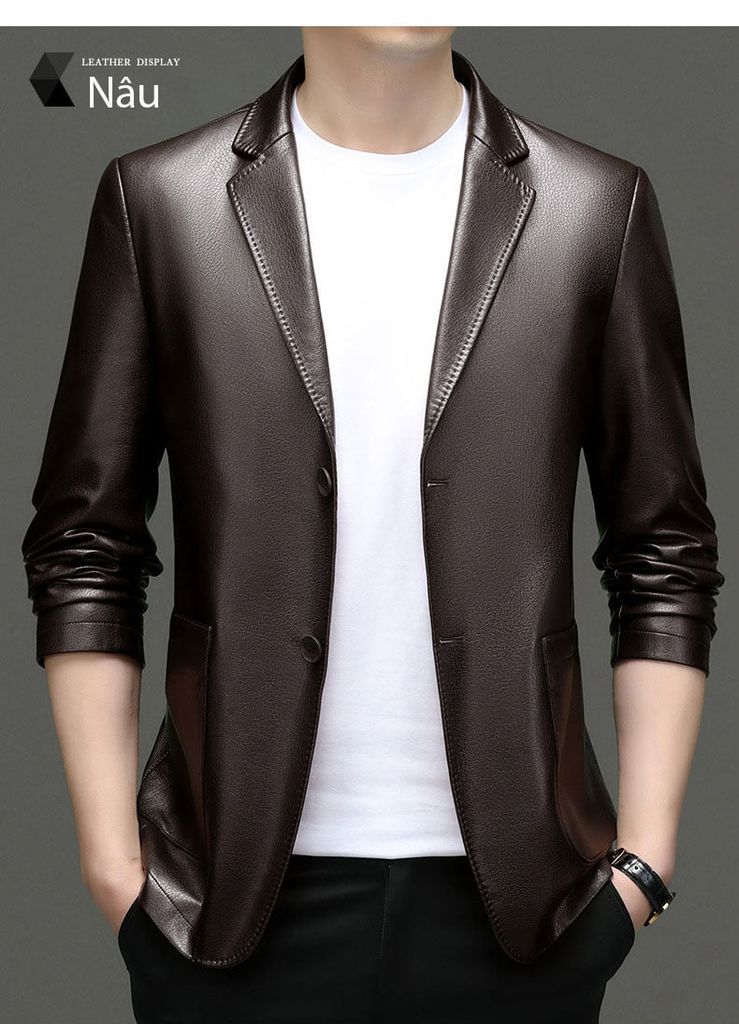 ￼Áo Khoác Da Cổ Vest Dáng Xuông Thời Trang Xuân Thu Cho Nam Giới Trung Niên AKN85