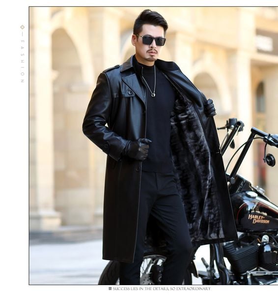  Áo Khoác Da Nam, Lót Lông Cừu, Kiếu Dài Qua Đầu Gối, Áo Khoác Da Bò AKN128 