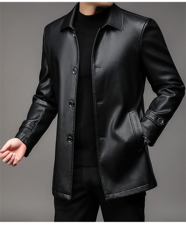 ￼Áo khoác da lót lông cừu nam thu đông trung niên dáng suông AKN94