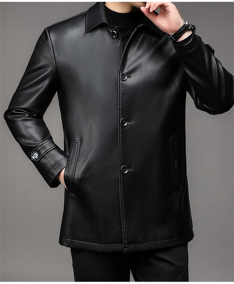 ￼Áo khoác da lót lông cừu nam thu đông trung niên dáng suông AKN94