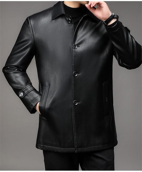  ￼Áo khoác da lót lông cừu nam thu đông trung niên dáng suông AKN94 