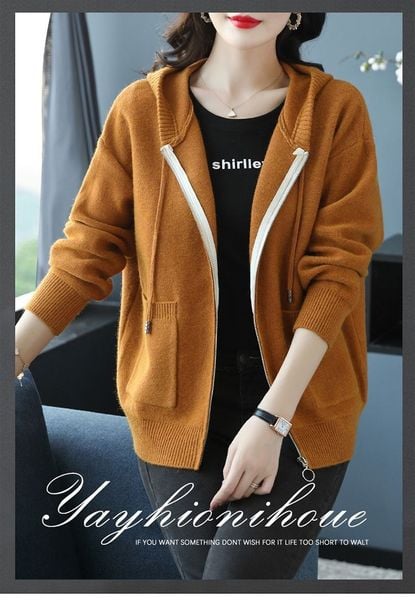  ￼Áo khoác len dệt kim có mũ trùm đầu thời trang mới xuân thu màu trơn dài tay AKG41 