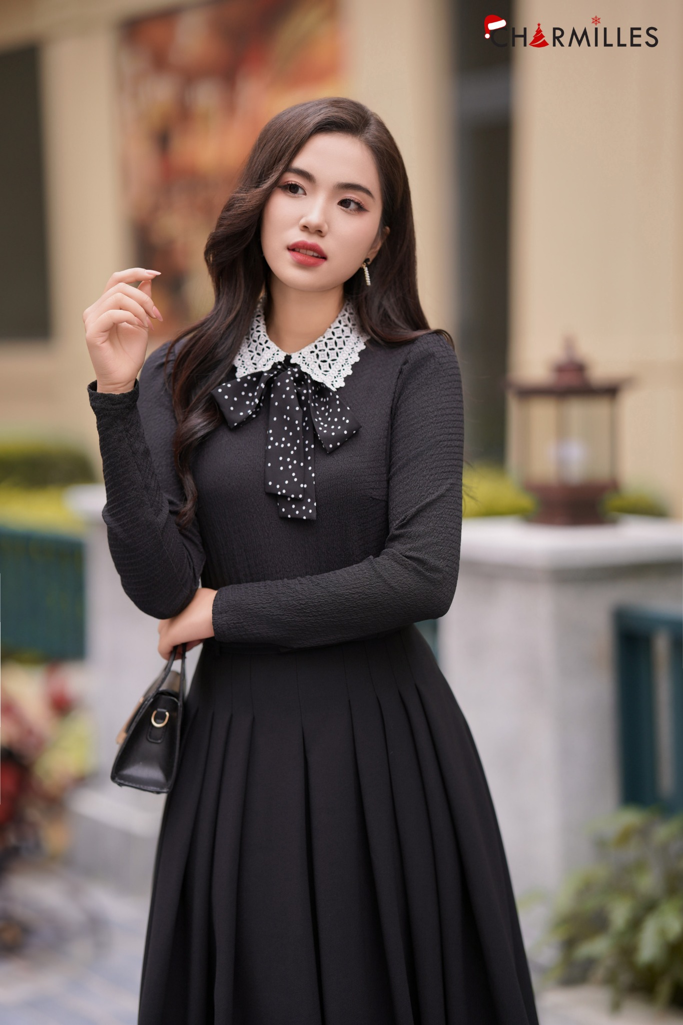 Set áo len cổ lọ + chân váy dài sọc caro - sakurafashion.vn