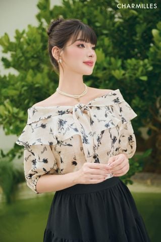 Áo hoa trễ vai buộc nơ