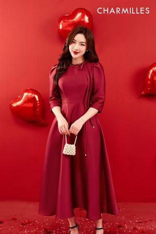 Đầm midi tay lỡ cổ nơ lệch