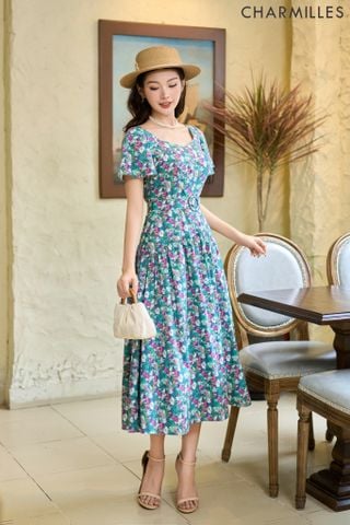 Đầm hoa cổ vuông dáng xòe