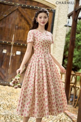 Đầm hoa mí ngực dáng xòe