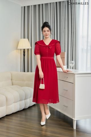 Đầm xếp ly phối nơ cổ