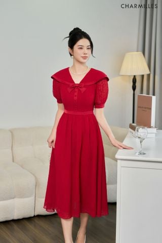 Đầm xếp ly phối nơ cổ